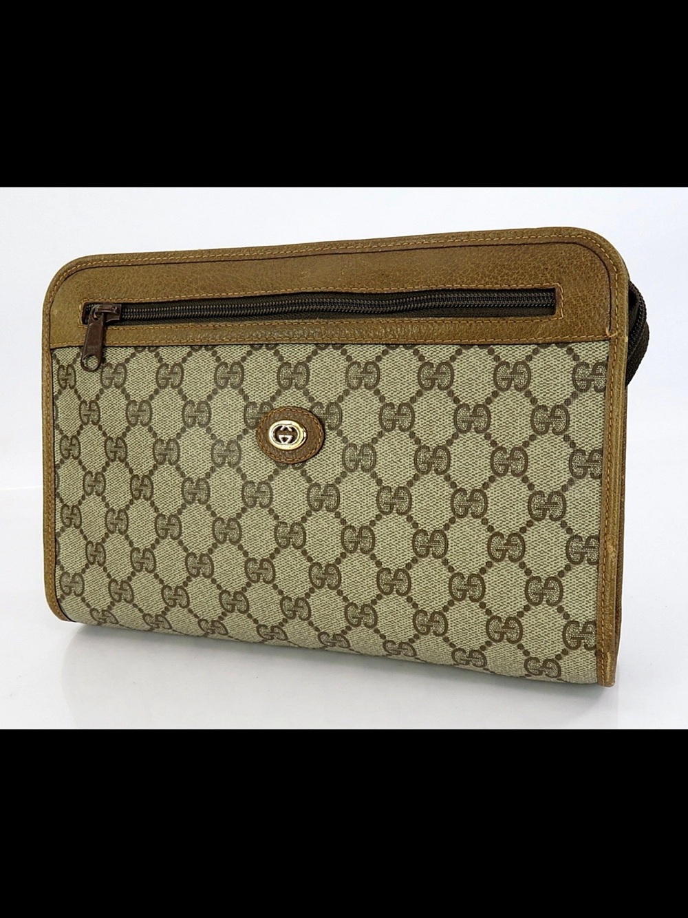 Gucci Beige Brown Monogram Wristlet Clutch
